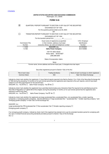 Thumbnail Idacorp 10-Q Quarterly Report FY 