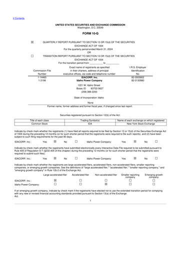 Thumbnail Idacorp 10-Q Quarterly Report FY 