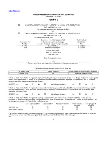 Thumbnail Idacorp 10-Q Quarterly Report FY 