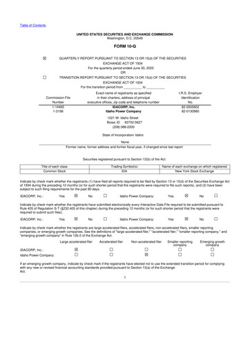 Thumbnail Idacorp 10-Q Quarterly Report FY 