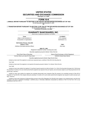 Thumbnail Guaranty Bancshares 10-K Annual Report 2018