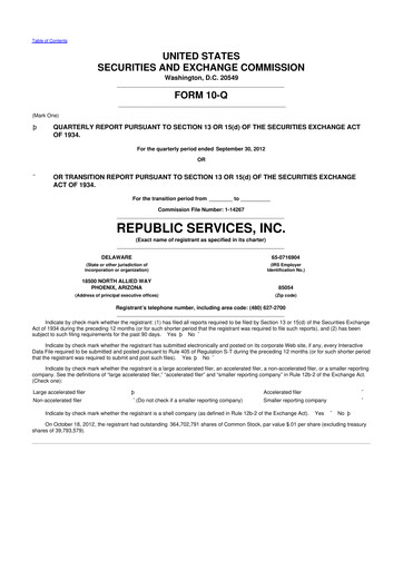 Thumbnail Republic Services
 10-Q Quarterly Report FY2012 