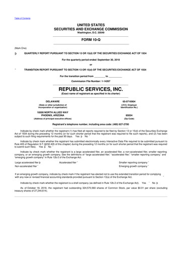 Thumbnail Republic Services
 10-Q Quarterly Report FY2018 