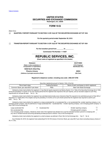 Thumbnail Republic Services
 10-Q Quarterly Report FY2019 