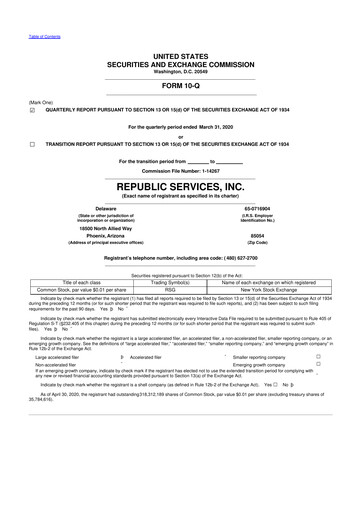 Thumbnail Republic Services
 10-Q Quarterly Report FY2020 