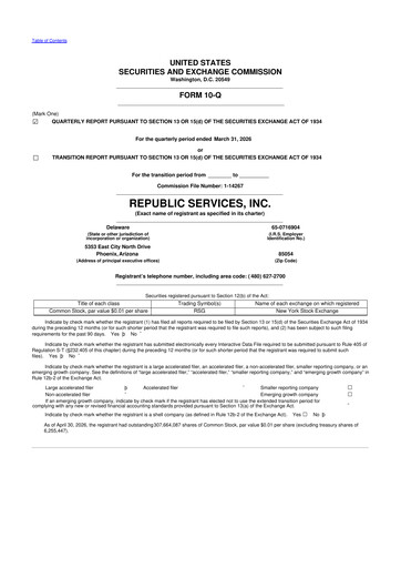 Thumbnail Republic Services
 10-Q Quarterly Report FY 