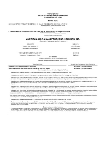 Miniature American Axle & Manufacturing 10-K Rapport annuel 2018