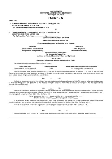 Thumbnail Lexicon Pharmaceuticals
 10-Q Quarterly Report FY2019 
