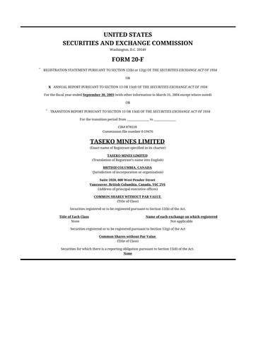 Thumbnail Taseko Mines
 20-F Annual Report 