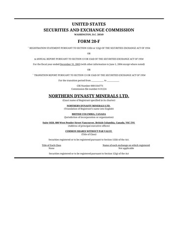Thumbnail Northern Dynasty Minerals 20-F Annual Report 