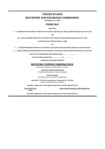 Thumbnail Western Copper and Gold 20-F Annual Report 