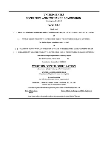 Thumbnail Western Copper and Gold 20-F Annual Report 