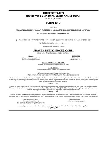 Thumbnail Anavex Life Sciences
 10-Q Quarterly Report FY2012 