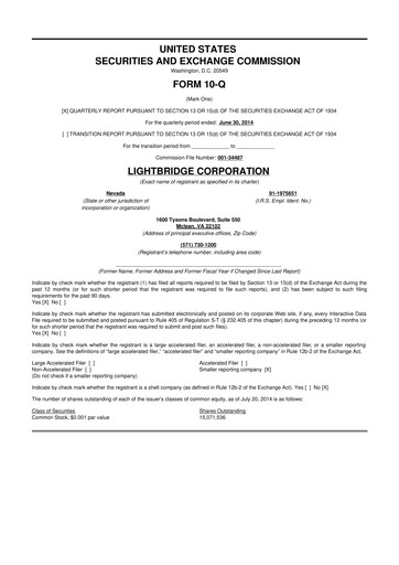 Thumbnail Lightbridge Corporation 10-Q Quarterly Report FY2014 