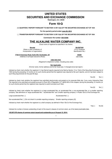 Vorschaubild Alkaline Water Company 10-Q Quartalsbericht 2014 