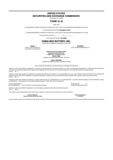 Thumbnail CBAK Energy Technology 10-Q Quarterly Report FY2015 