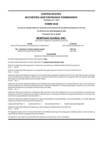 Miniature Heritage Global 10-K Rapport annuel 2014