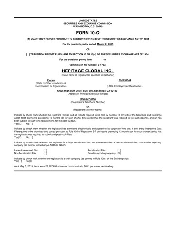 Thumbnail Heritage Global 10-Q Quarterly Report FY2015 
