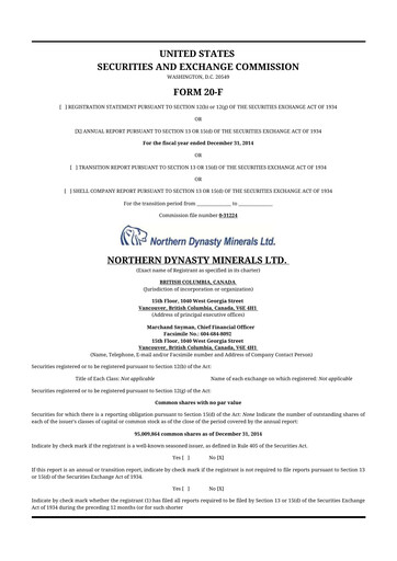Thumbnail Northern Dynasty Minerals 20-F Annual Report 