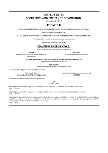 Thumbnail Uranium Energy
 10-K Annual Report 2015