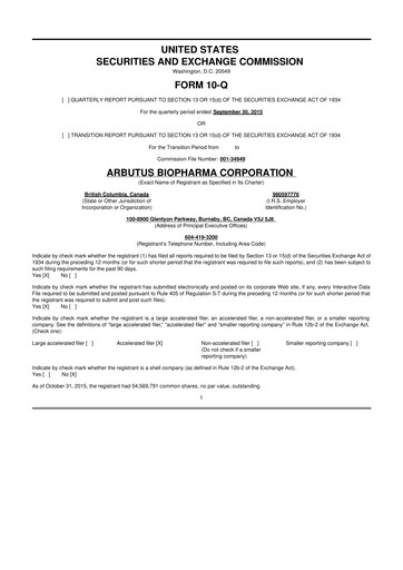 Thumbnail Arbutus Biopharma
 10-Q Quarterly Report FY2015 