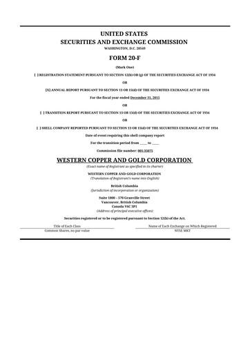 Thumbnail Western Copper and Gold 20-F Annual Report 