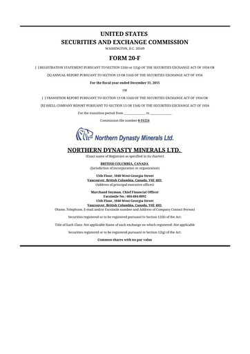 Thumbnail Northern Dynasty Minerals 20-F Annual Report 