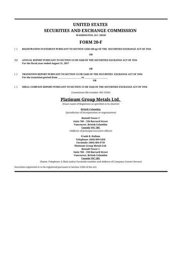 Thumbnail Platinum Group Metals
 20-F Annual Report 