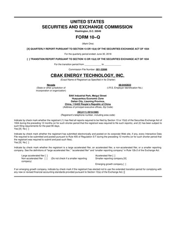 Thumbnail CBAK Energy Technology 10-Q Quarterly Report FY2018 
