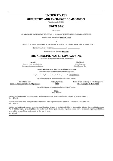 Thumbnail Alkaline Water Company 10-K Annual Report 2019