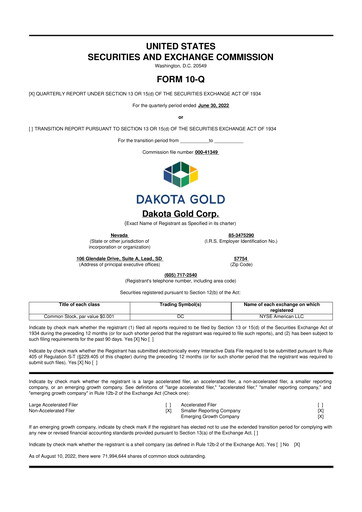 Miniature Dakota Gold 10-Q Rapport trimestriel  