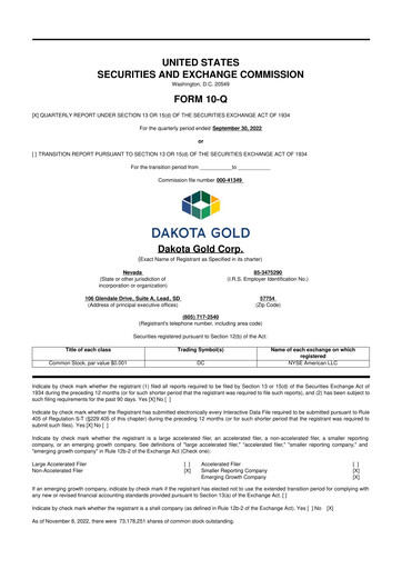 Miniature Dakota Gold 10-Q Rapport trimestriel  