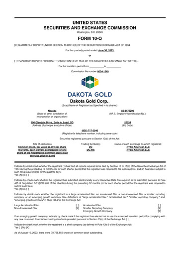 Miniature Dakota Gold 10-Q Rapport trimestriel  