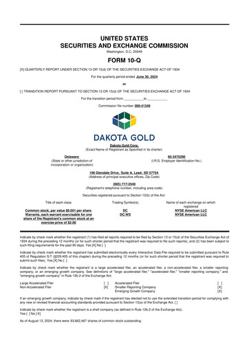 Miniature Dakota Gold 10-Q Rapport trimestriel  