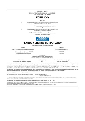 Thumbnail Peabody Energy
 10-Q Quarterly Report FY2019 
