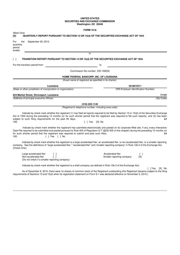 Thumbnail Home Federal Bancorp (HFB Bank) 10-Q Quarterly Report FY 