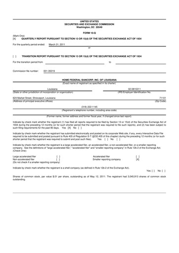 Thumbnail Home Federal Bancorp (HFB Bank) 10-Q Quarterly Report FY 
