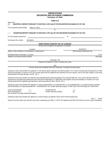 Thumbnail Home Federal Bancorp (HFB Bank) 10-Q Quarterly Report FY2012 