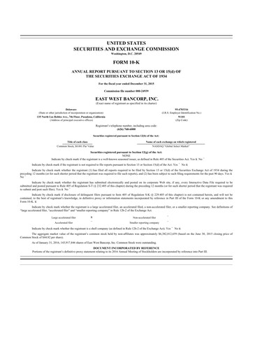 Thumbnail East West Bancorp
 10-K Annual Report 2015