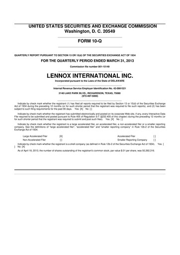 Miniature Lennox 10-Q Rapport trimestriel 2013 