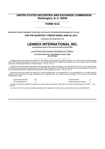 Miniature Lennox 10-Q Rapport trimestriel 2013 