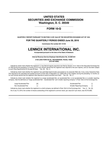Miniature Lennox 10-Q Rapport trimestriel 2016 