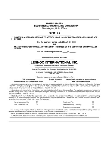 Miniature Lennox 10-Q Rapport trimestriel 2020 