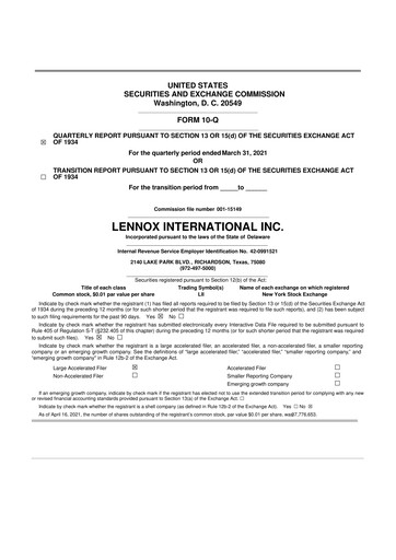 Miniature Lennox 10-Q Rapport trimestriel 2021 