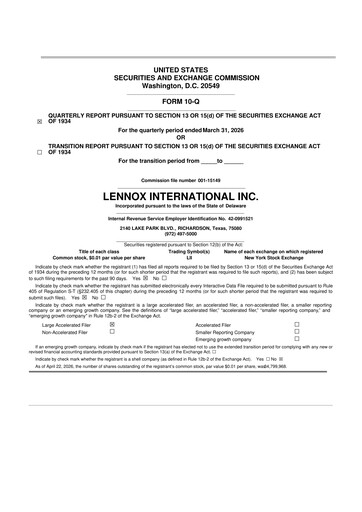 Miniature Lennox 10-Q Rapport trimestriel  