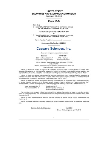 Thumbnail Cassava Sciences
 10-Q Quarterly Report FY2019 