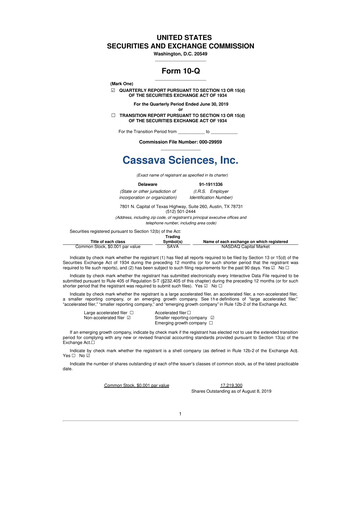 Thumbnail Cassava Sciences
 10-Q Quarterly Report FY2019 