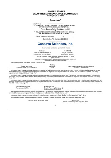 Thumbnail Cassava Sciences
 10-Q Quarterly Report FY2021 