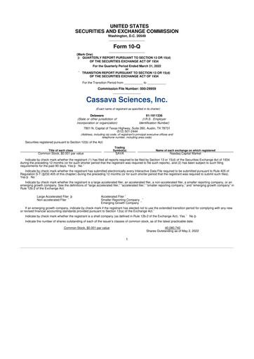 Thumbnail Cassava Sciences
 10-Q Quarterly Report FY2022 