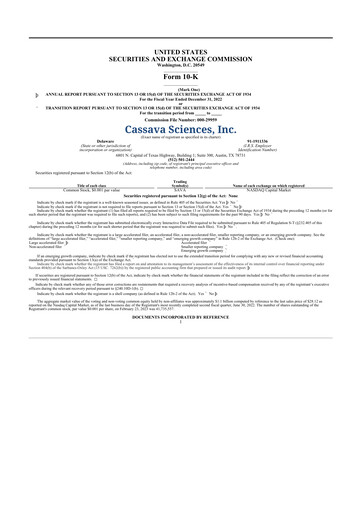 Thumbnail Cassava Sciences
 10-K Annual Report 2022